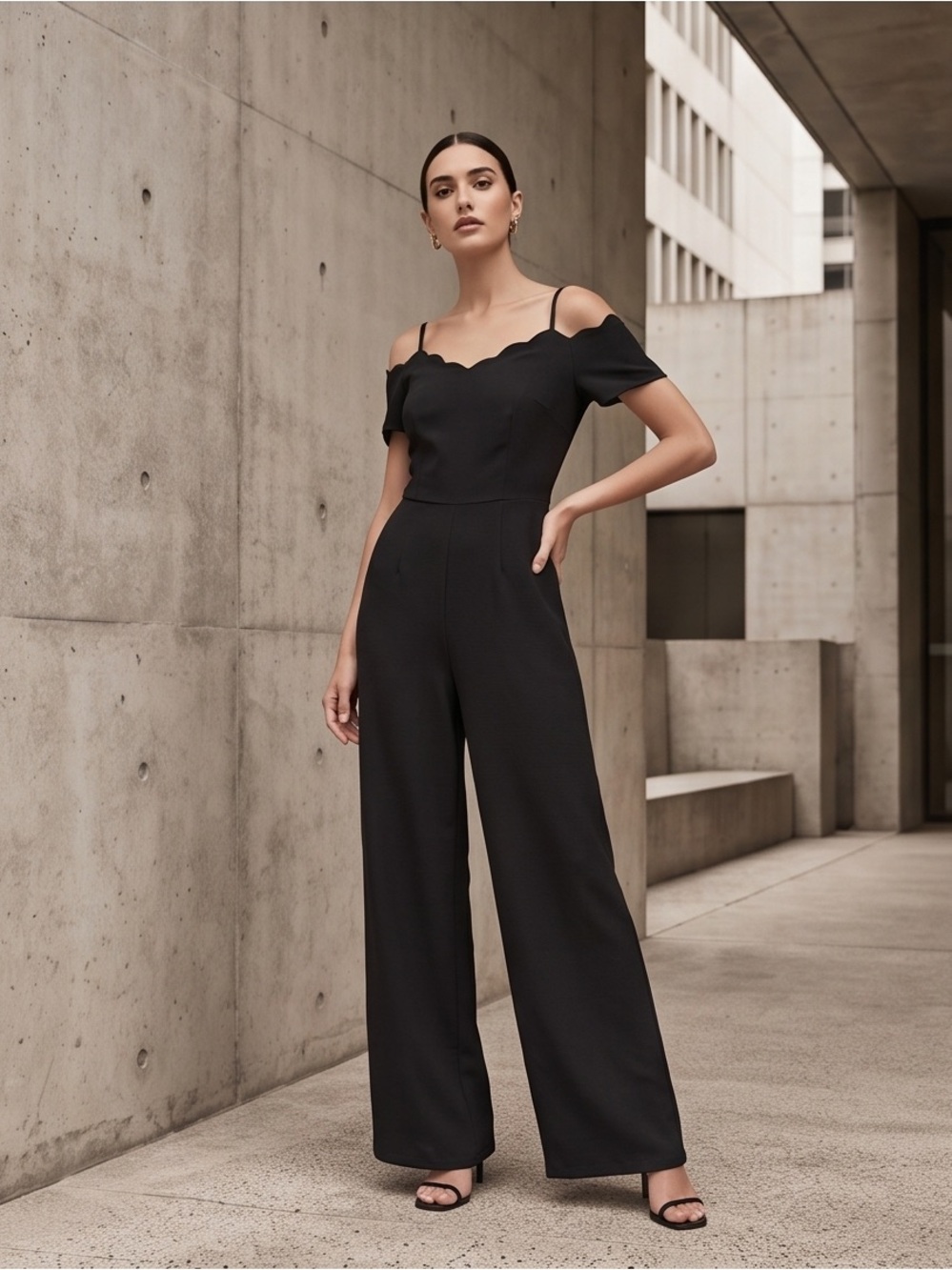 Monteau Black Off-Shoulder Scallop Wide-Leg Jumpsuit